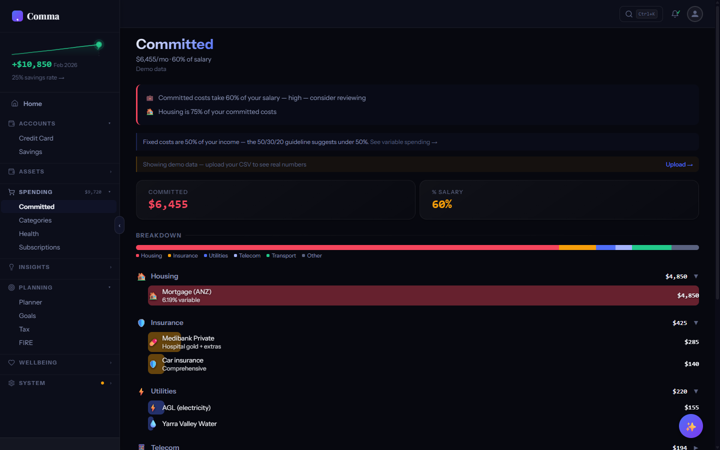 Committed tab showing fixed monthly expenses breakdown