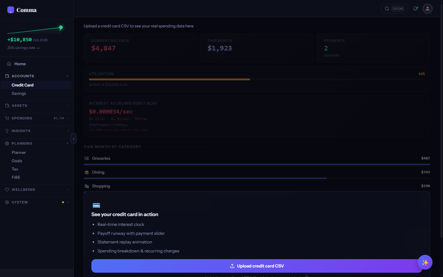 Credit Card tab showing multi-account management