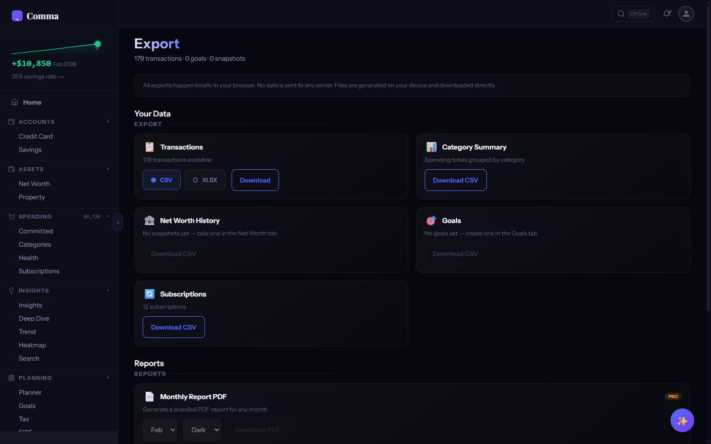 Export tab showing available export options