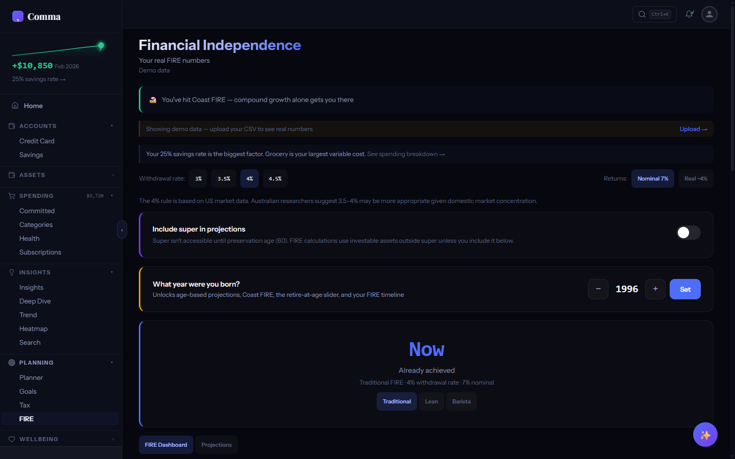 FIRE dashboard showing projection chart and Monte Carlo simulation