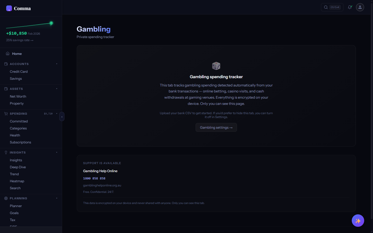 Gambling Tracker showing net position, sessions, and harm reduction resources
