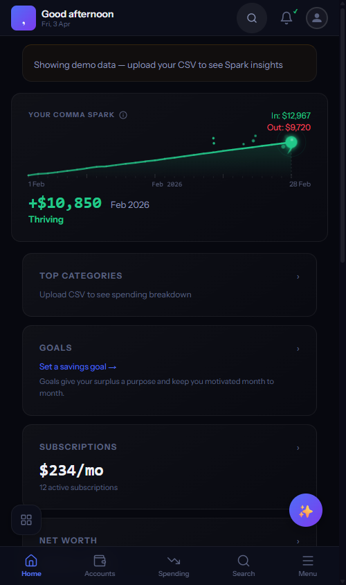Mobile view of Comma dashboard with story-mode widget cards