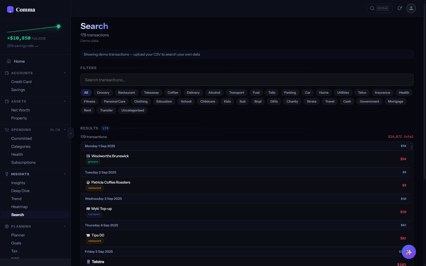 Search tab showing transaction list with category filters