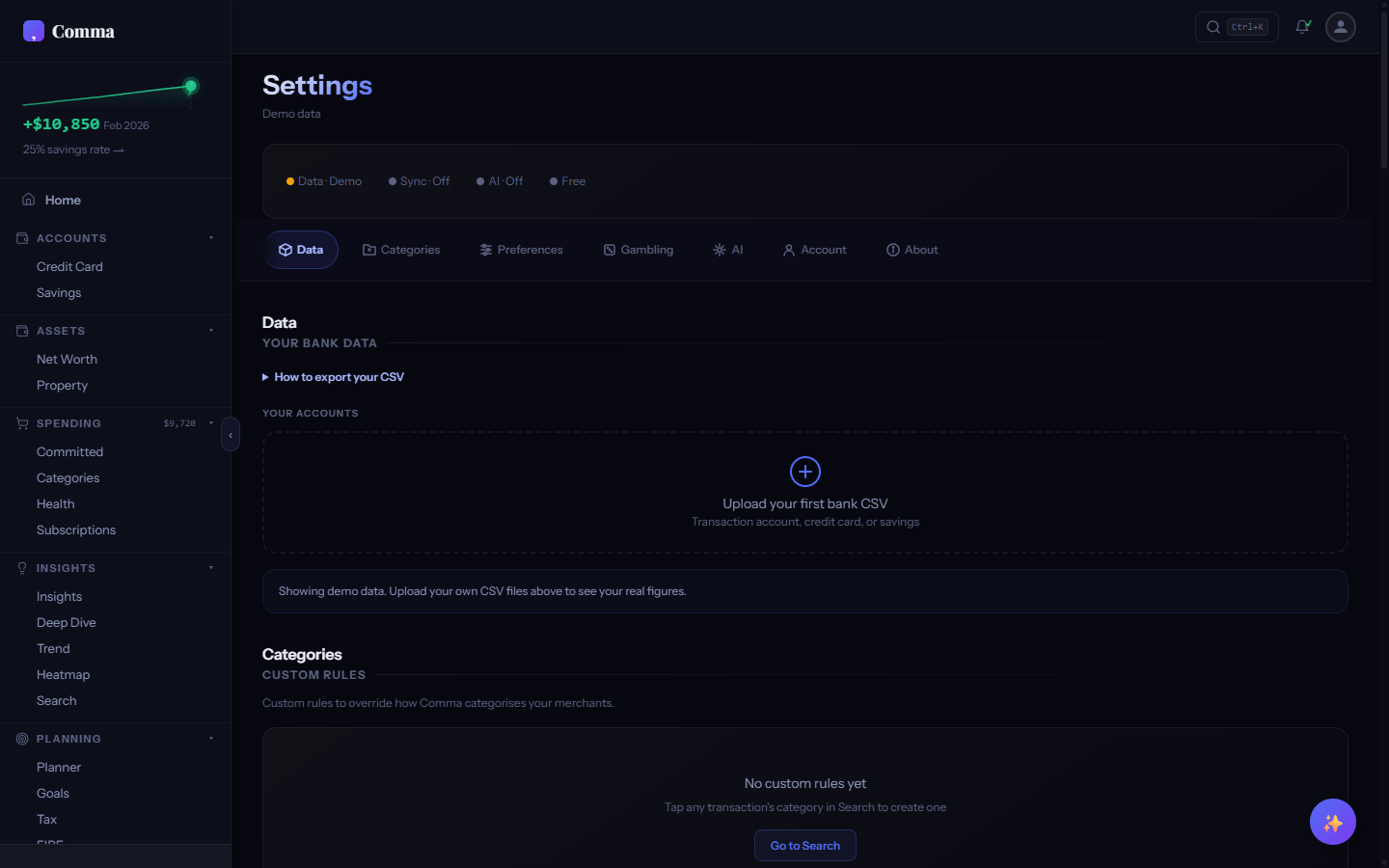 Settings tab showing preferences and account options