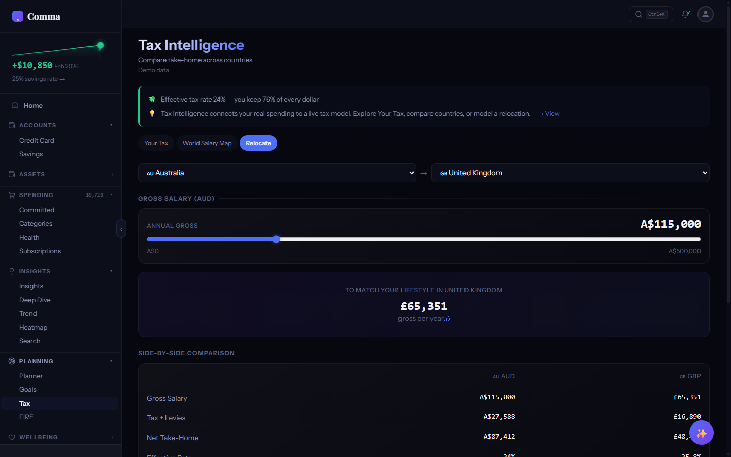 Tax Relocate tool comparing current and target country tax breakdowns