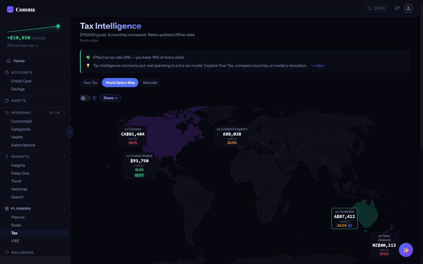 World Salary Map comparing take-home pay across five countries
